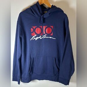Polo Ralph Lauren Hoodie Men’s XL Navy Blue Script Long Sleeve Pullover Pocket
